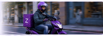 Repartidor Zyggo realizando una entrega en moto